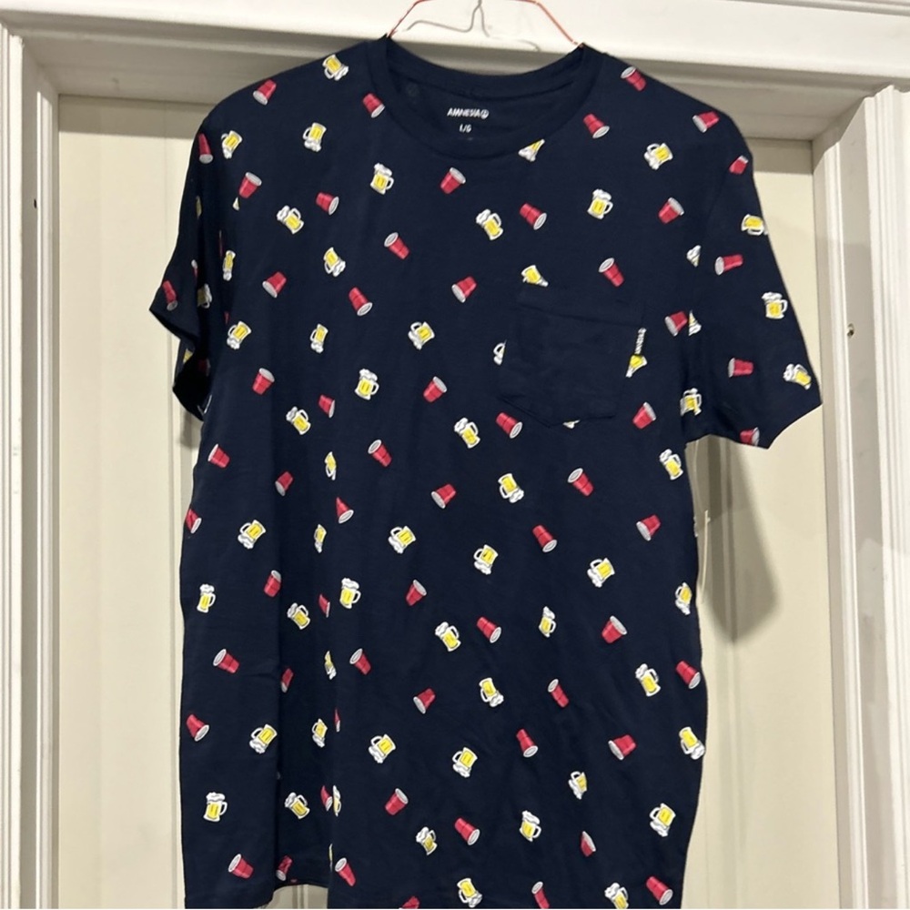 Navy Blue Graphic Tee with Beer and Cup Print